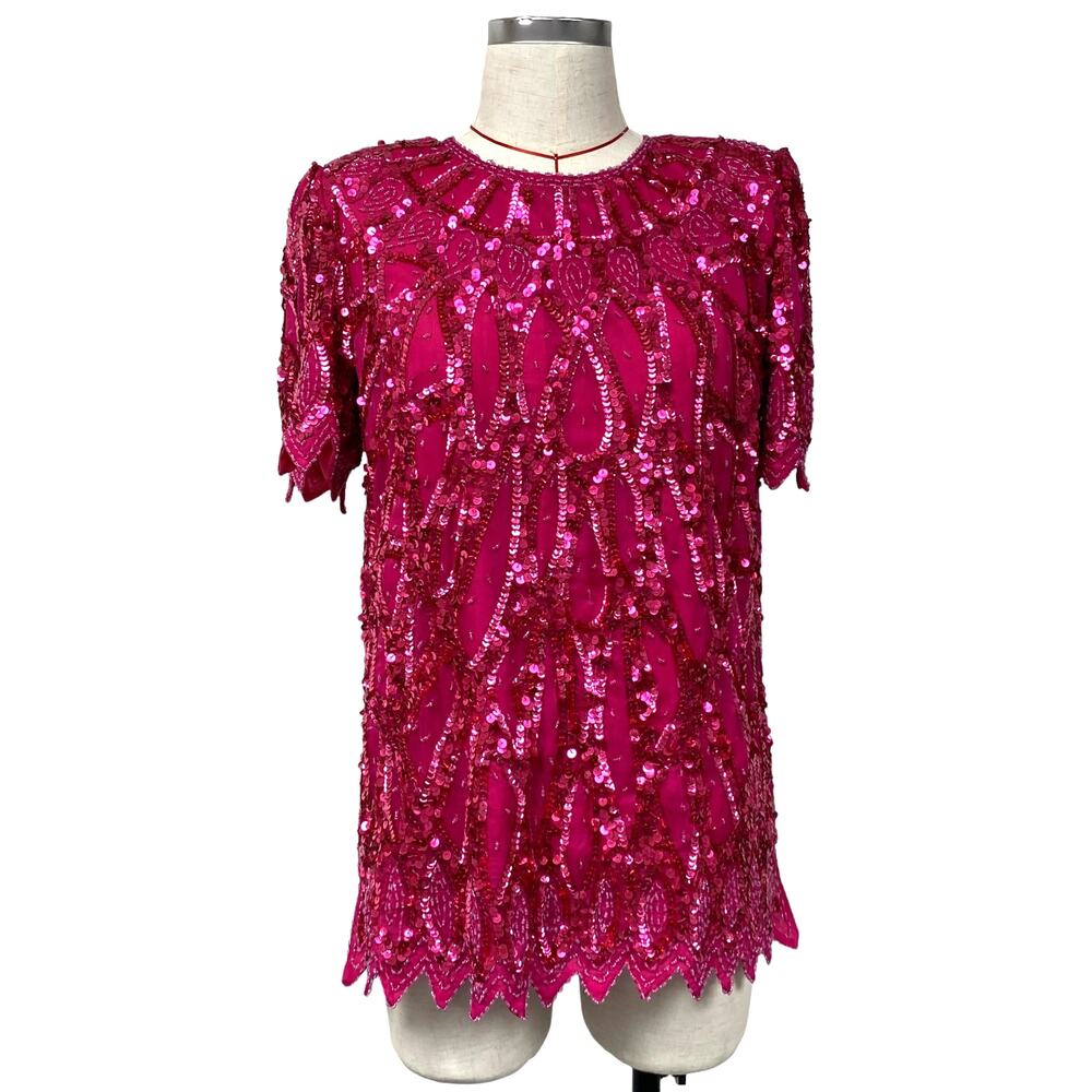 Vintage Landmark Womens Size S Pink Sequin Beaded Blouse